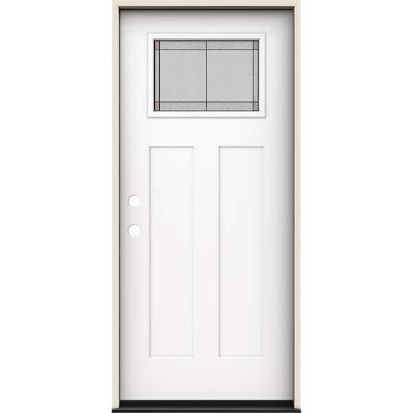 JELD-WEN 36 in. x 80 in. Right-Hand 1/4 Lite Craftsman Ballantyne Decorative Glass Modern White Fiberglass Prehung Front Door