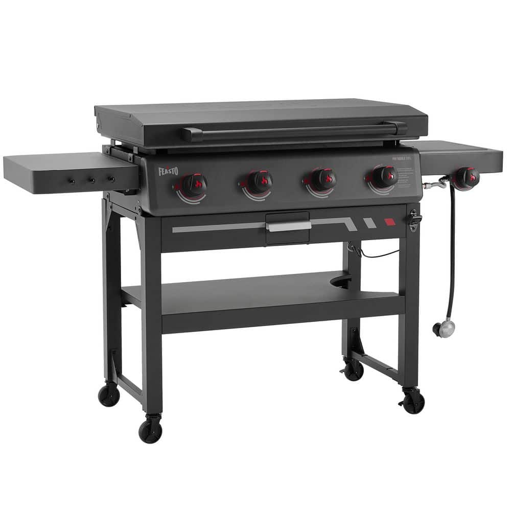 4-Burner Propane Gas Grill 36 in. Flat Top Griddle in Black with Side Burner and Lid