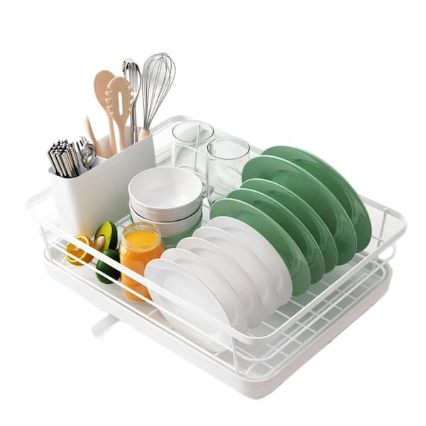 White Dish Drying Rack for Kitchen Counter, Rust Resistant Metal Sink Organization and Storage Rack with Cutlery Holder