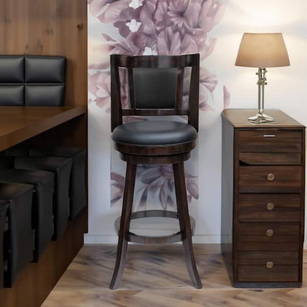 Benjara 38.5 in. Brown Low Back Wood Frame Bar Stool with Faux Leather Seat