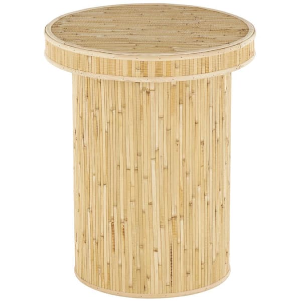 16 in. Light Brown Handmade Medium Round Manufactured Wood End Table with Linear Wood Strip Design