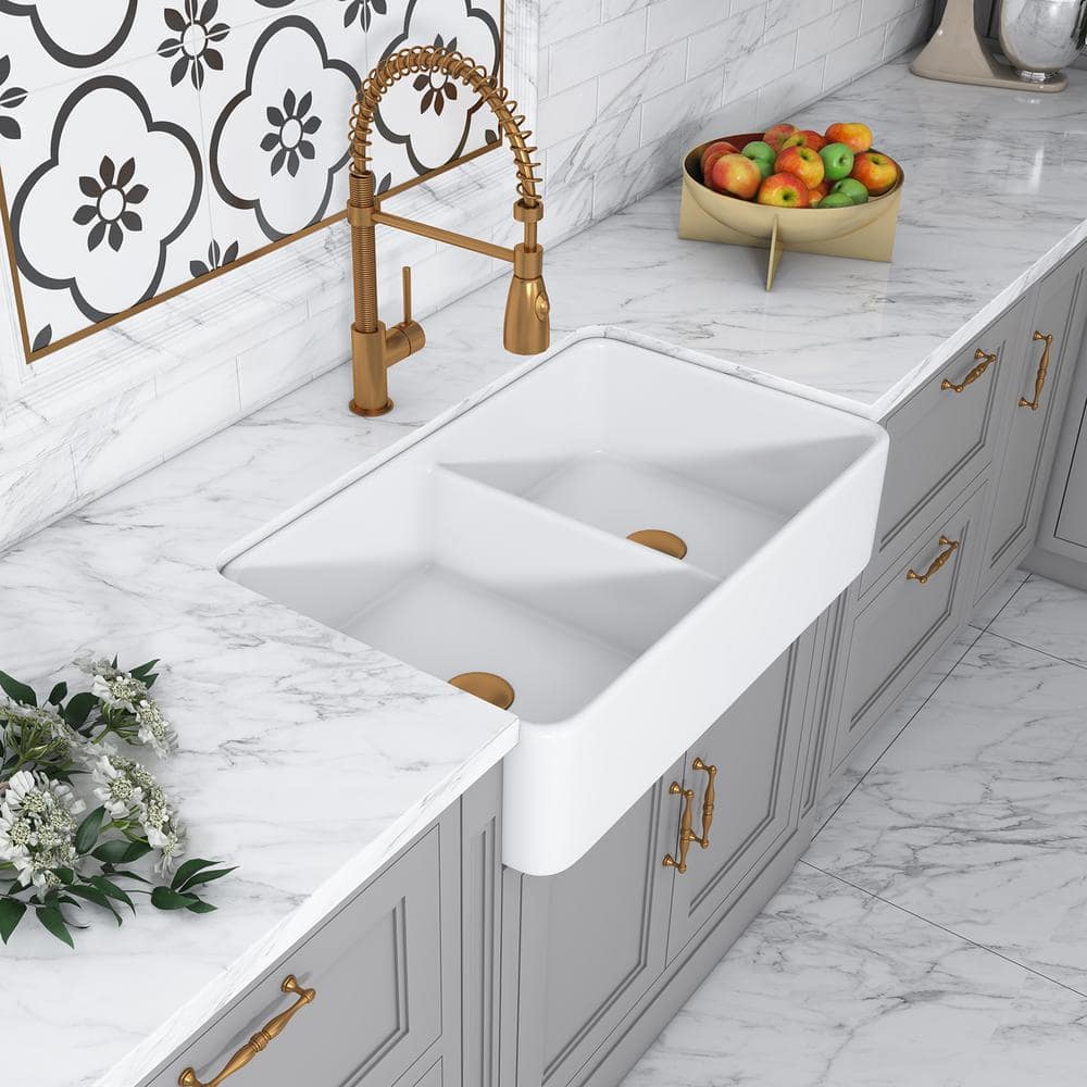 Trieste 32'' White Fireclay Double Bowl Farmhouse Sink