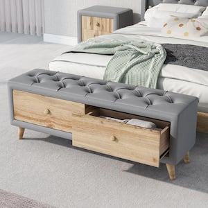 Gray Wooden Linen Top Ottoman Bench with 2-Drawers