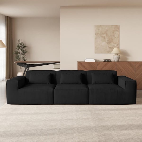 118 in. Square Arm Cloud Fleece Fabric 3-Seater Couch Memory Foam Deep Seat Modular Sectional Sofa in. Black for Bedroom