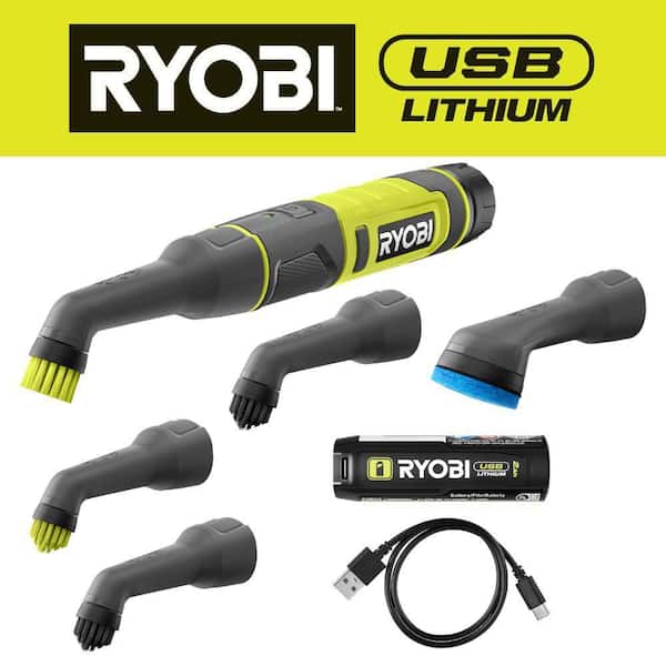 RYOBI USB Lithium Cordless Compact Detail Scrubber Kit w/ 2Ah Battery, Charging Cable, & Medium and Hard Grout Bristle Brushes