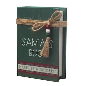 6.5 in. Green Santa's Book Naughty and Nice List Christmas Decorative Faux Wood Book with Wood Beads