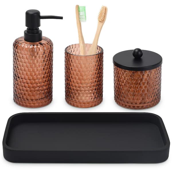 4-Piece Bath Accessory Set with Lotion Soap Dispenser, Toothbrush Holder, Qtip Holder in Amber and Matte Black Tray