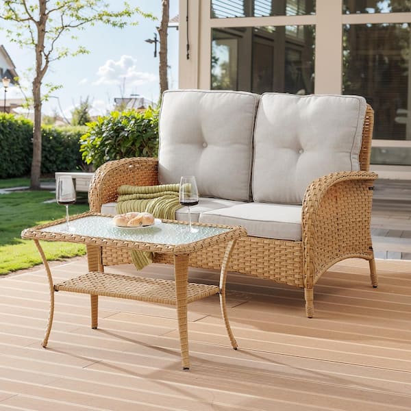 moosprr Yellow PE Wicker Outdoor Loveseat with Beige Cushions and Coffee Table