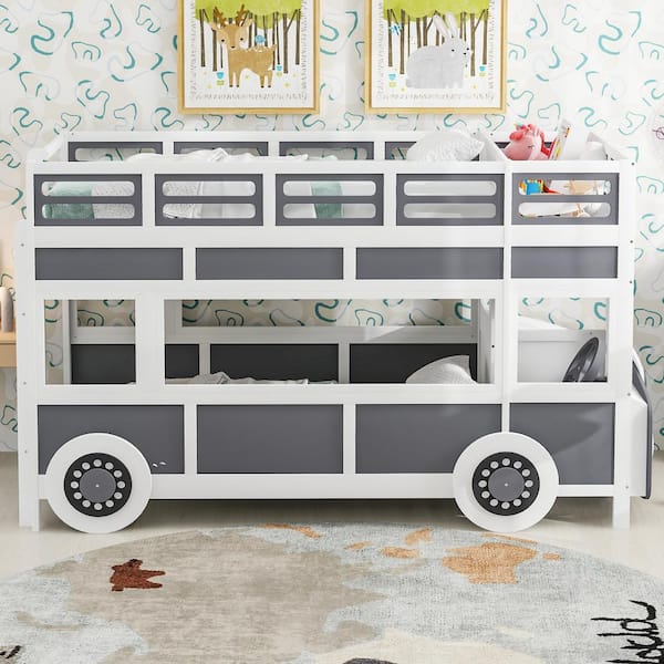 Grey+White Twin Over Twin Bus-shaped Bunk Bed with Wheels and Storage