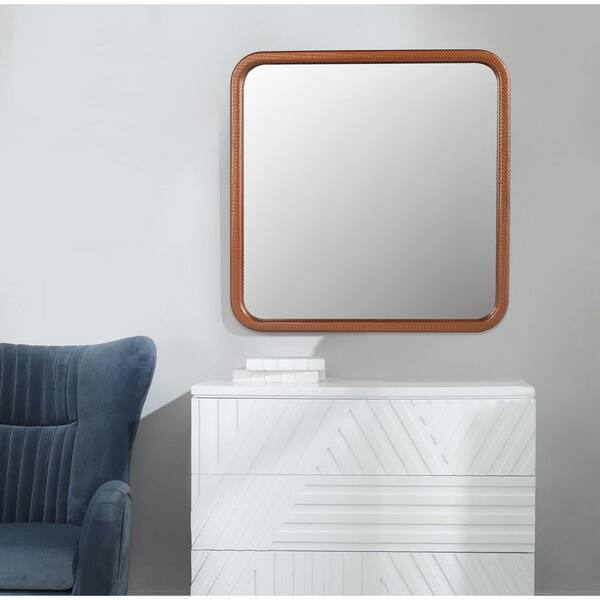 23.62 in. W x 23.62 in. H Modern Square Champagne Woven Grain Decoration Wall Mounted Mirror, PU Covered MDF Framed