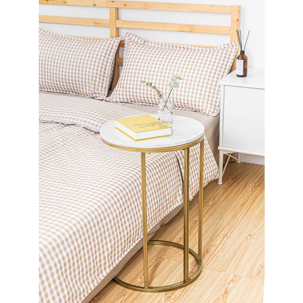 Round White Faux Marble and Gold Metal Side Table