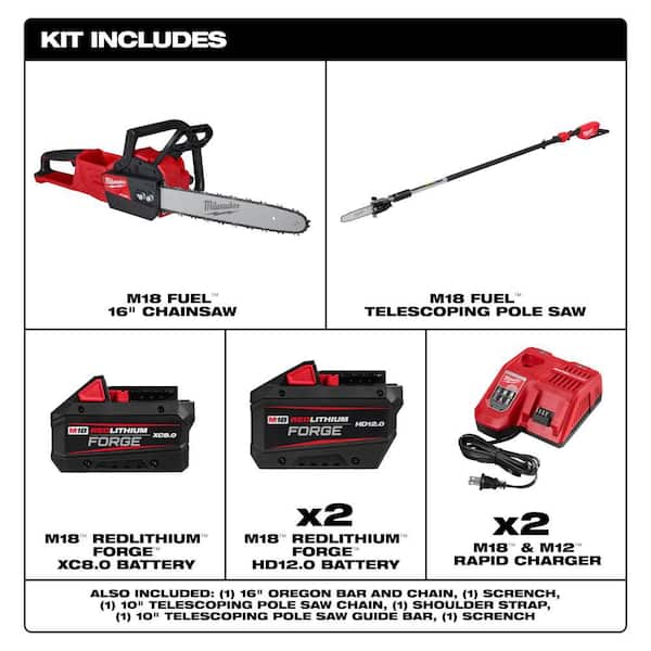 M18 FUEL 16 in. 18V Brushless Cordless Chainsaw w/ Telescoping Pole Saw, (1) 12.0 Ah & (2) 8.0 Ah Battery, (2) Charger