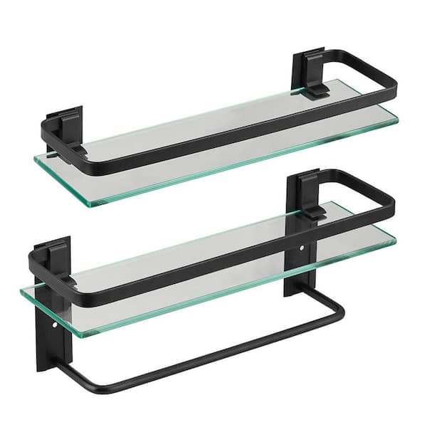 cadeninc 15.74 in. W x 4.88 in. D x 8.7 in. H Balck Wall Mount 2-Tier Bathroom Glass Floating Shelf