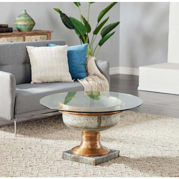 Litton Lane 32 in. x 19 in. Contemporary Gray Medium Metal Coffee Table with Glass Top