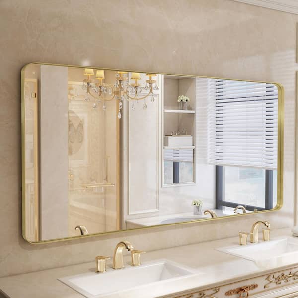 77 in. W x 36 in. H Premium Aluminum Framed Rectangular Bathroom Vanity Wall Mirror in Gold