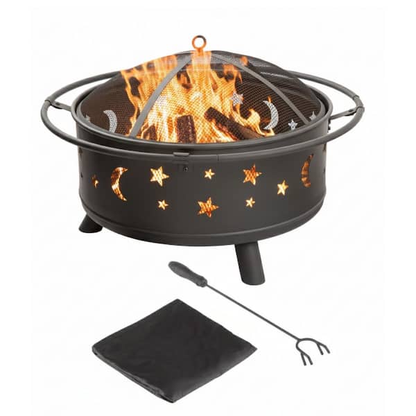 30 in. Round Steel Star and Moon Firepit with Cover