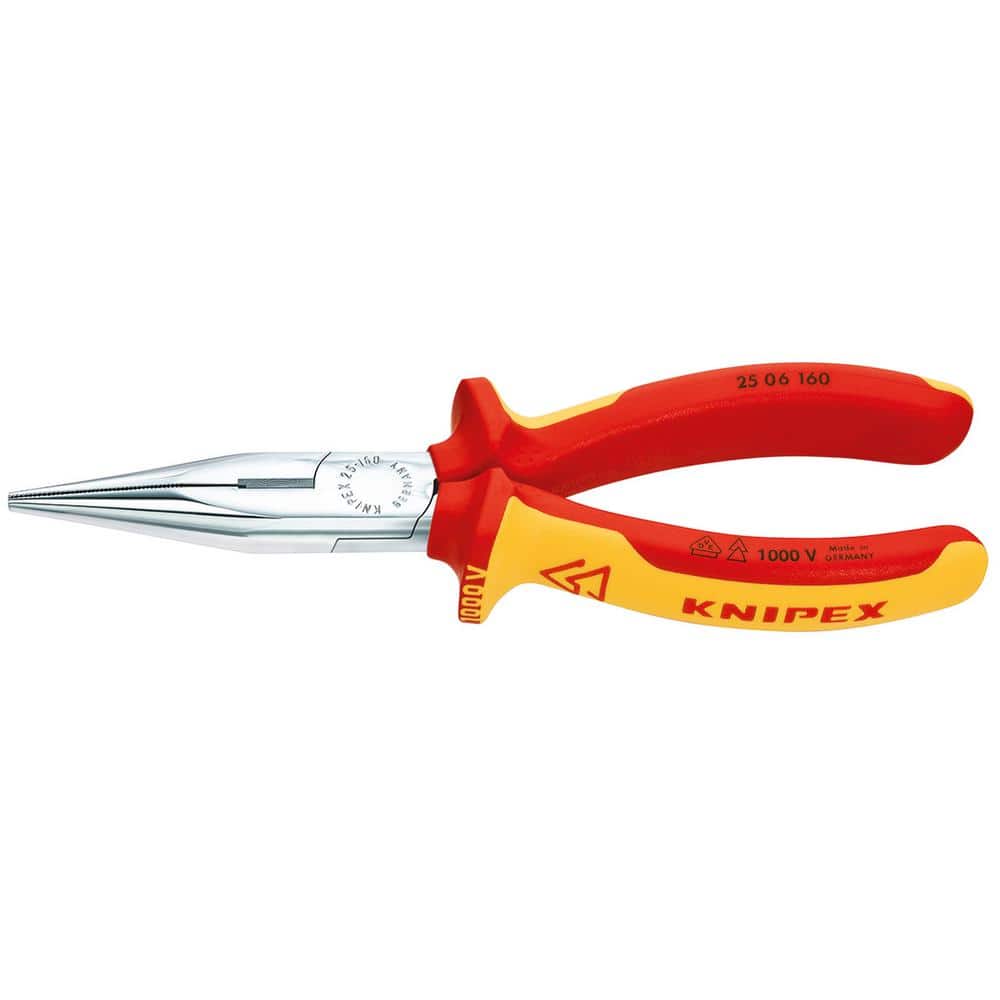 KNIPEX 6-1/4 in. 1000-Volt Insulated Long Nose Pliers with Cutter and  Chrome Plating in Red/Yellow 25 06 160 The Home Depot