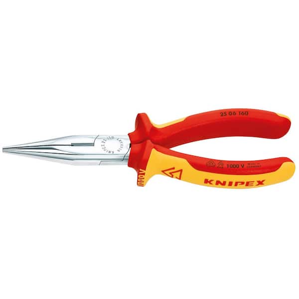 KNIPEX 6-1/4 in. 1000-Volt Insulated Long Nose Pliers with Cutter and Chrome Plating in Red/Yellow