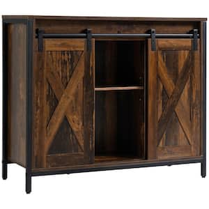 Rustic Brown MDF 35.5 in. Sideboard with Adjustable Shelves and Barn Doors