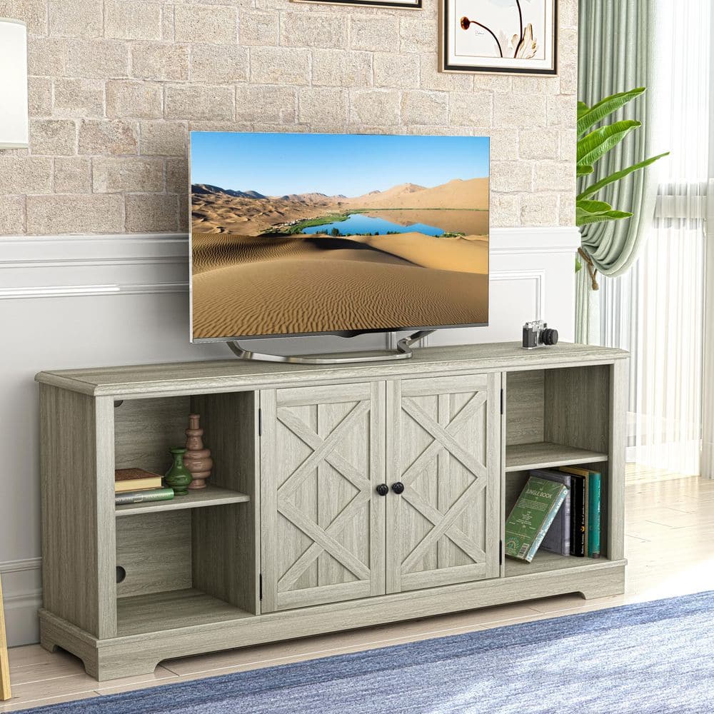 Gray 70" Farmhouse TV Stand with Cabinet and Shelves
