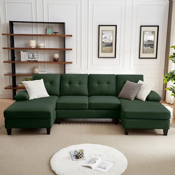 STICKON 111.03 in. W Pillow Top Arms 4-Seat U Shaped Fabric Modern Sectional Sofa in Green with Double Chaise