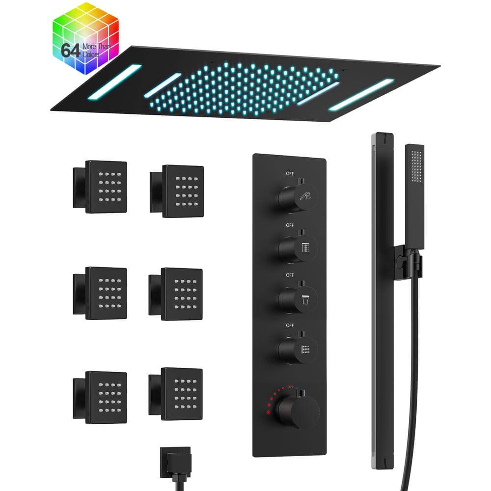 GRANDJOY RGB LED Multiple 15Spray Dual Ceiling Mount 23 in. x 15 in. Fixed & Handheld Shower