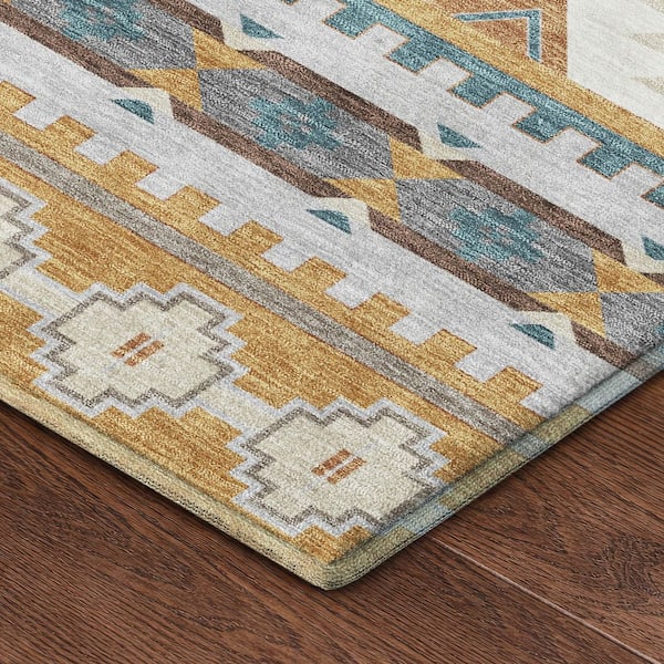 Mayfield Premium Machine Washable Abstract AMF2539 Gold 2 ft. x 7 ft. Runner Rug