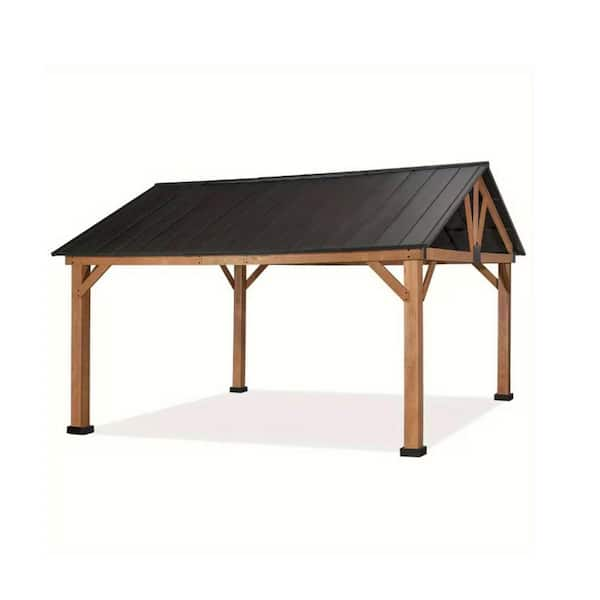 12 ft. x 14 ft. Wood Hardtop Outdoor Patio Gazebo with Galvanized Steel Roof and Ceiling Hook