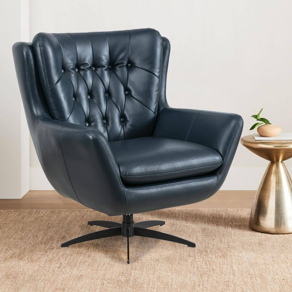 Clayton Midnight Blue Tufted Faux Leather Swivel Accent Chair