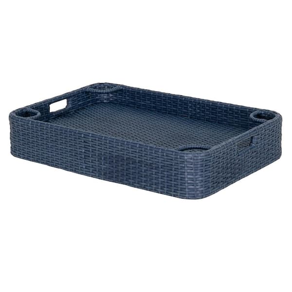 Navy 36 in. x 24 in. Floating Tray for Pool Wicker Serving Table Aluminum Frame Breakfast Tray for Swimming Pool