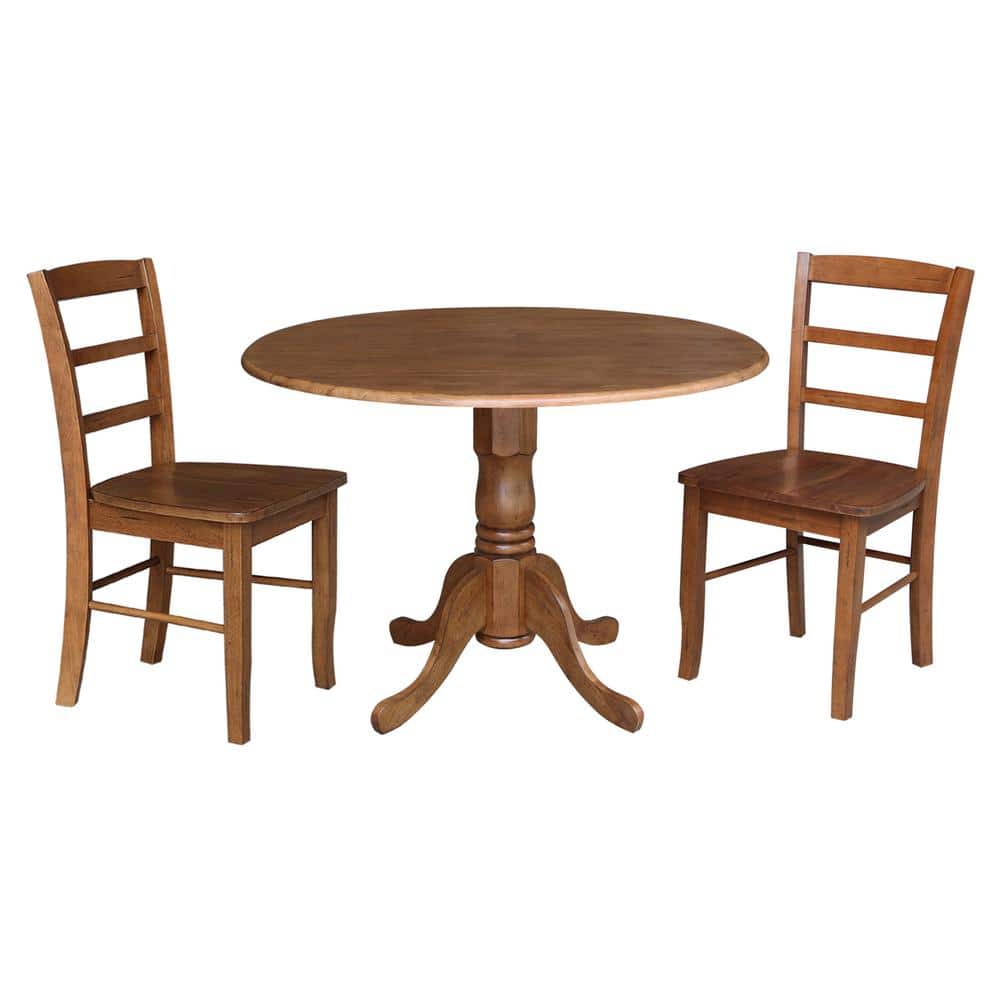 Distressed Oak 42" Drop Leaf Pedestal Dining Table with 2 Ladder Back Chairs