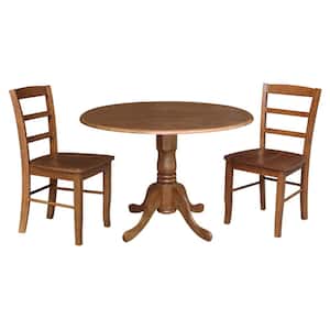 42 in. 3-Piece Set Distressed Oak Solid Wood Round Drop-leaf Table with 2-Side Chairs Set