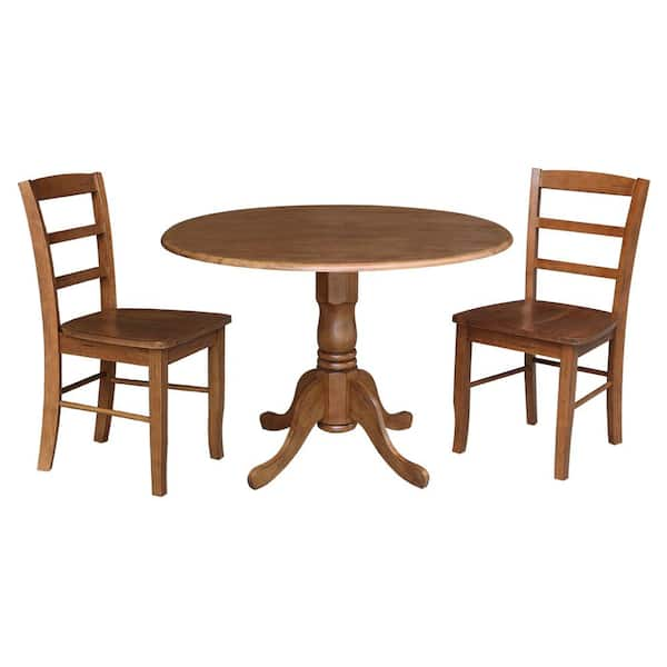 International Concepts 42 in. 3-Piece Set Distressed Oak Solid Wood Round Drop-leaf Table with 2-Side Chairs Set