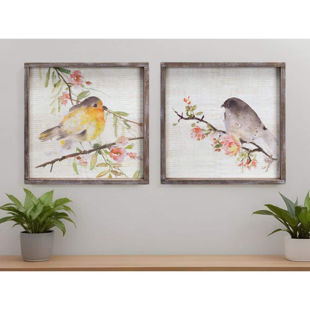 Rustic Brown Wood Framed Watercolor Bird Plaques Set