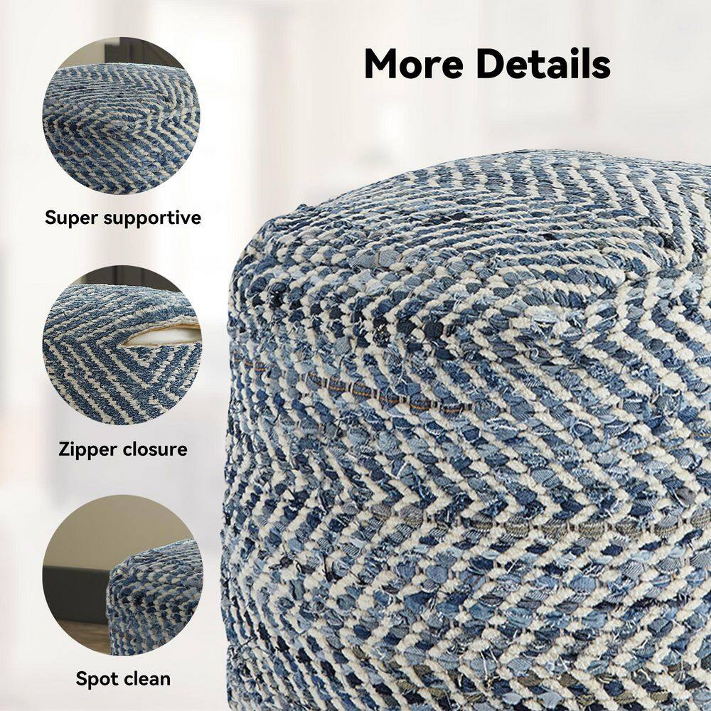 Contemporary Blue Denim Woven Pouf Ottoman 18"