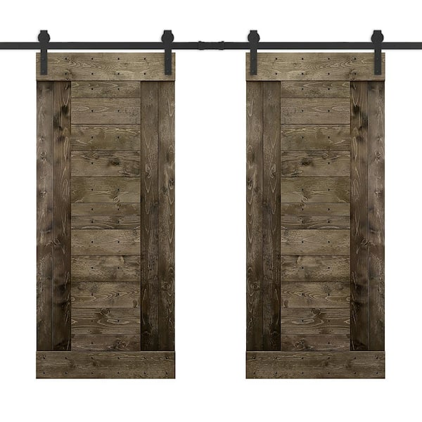 CALHOME 48 in. x 84 in. Espresso Stained DIY Knotty Pine Wood Interior Double Sliding Barn Door with Hardware Kit