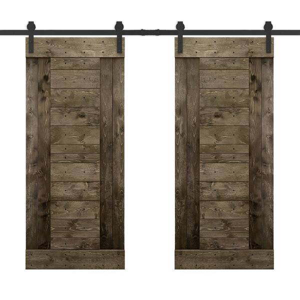 CALHOME 76 in. x 84 in. Espresso Stained DIY Knotty Pine Wood Interior Double Sliding Barn Door with Hardware Kit