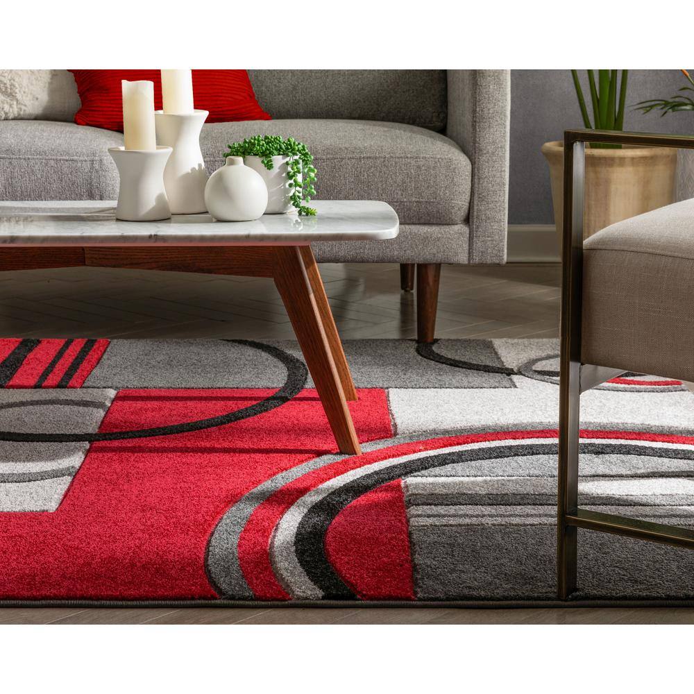 Large Gray and Red Synthetic Geometric Area Rug