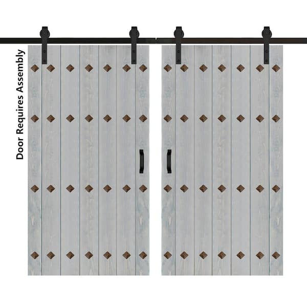 ISLIFE Mid-Century New Style 84 in. x 84 in. French Gray Finished Solid Wood Double Sliding Barn Door with Hardware Kit