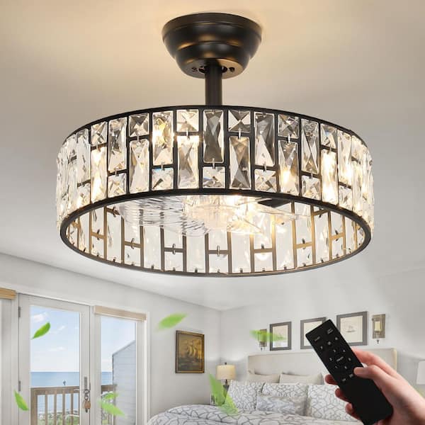 17.71 in. Indoor Modern Black Crystal Ceiling Fan with Light Luxury Fandelier with Silent Remote Reversible Fan Blades