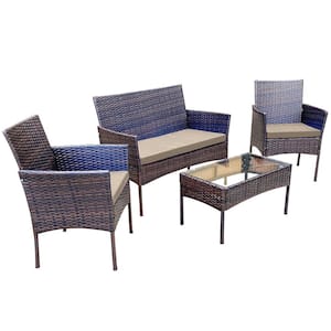 Alvino 4-Piece Wicker Rattan Outdoor Patio Bistro Furniture Set with Coffee Cushion