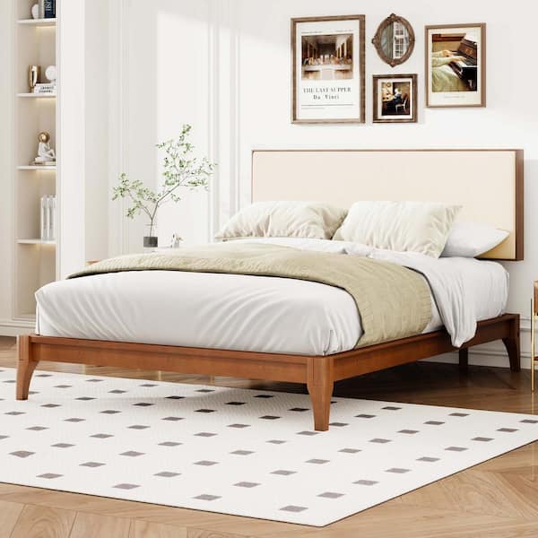 Polibi Brown Bamboo Frame Queen Platform Bed with Bamboo Frame Upholstered Adjustable Headboard