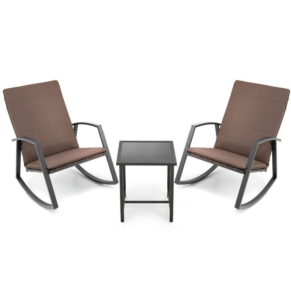 3-Piece Metal Patio Conversation Patio Rattan Rocking Furniture Set with Br