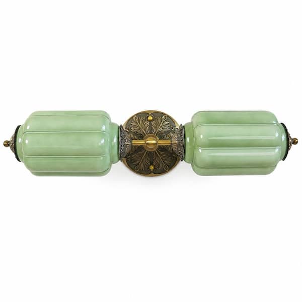 Vintage 2-Light Bathroom Vanity Sconce, Brass Finish Base, Hand-Blown Emerald Green Glass Shades, Bulbs Included