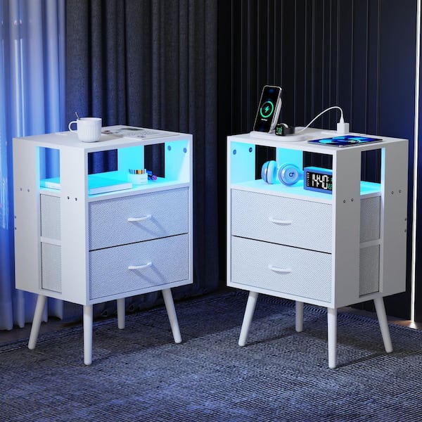 White 2-Piece Modern Nightstand with Charging Station and LED Light,2 Fabric Drawer per Nightstand,End Table for Bedroom