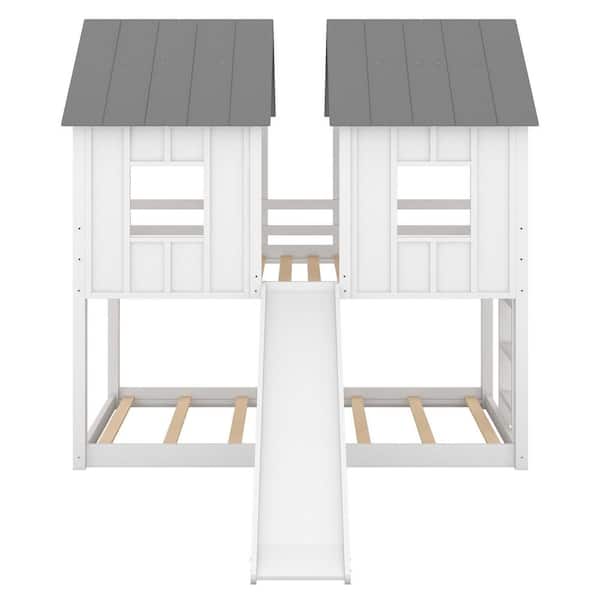 STICKON White Twin Over Twin Size House Bunk Bed with Slide and Windows