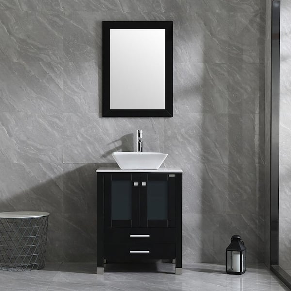 Wonline Wonline 24.5 in. W x 21.7 in. D x 61 in. H Single Sinks Bath Vanity in Black with Glass Top and Mirror