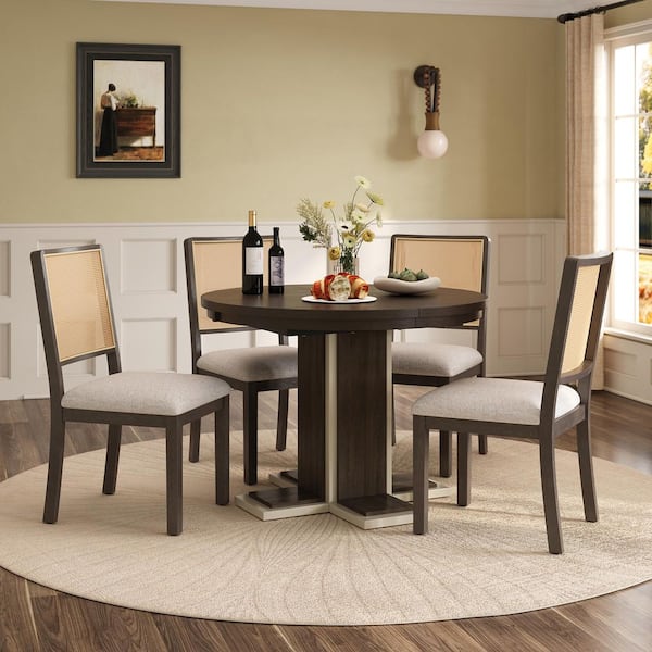 5-Piece Round Extendable Espresso MDF Top Dining Table Set with 16 in. Removable Middle Leaf
