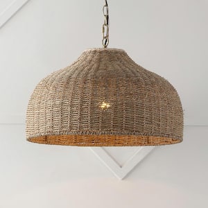 Eliza 20 in. 1-Light Coastal Bohemian Rattan/Iron Dome LED Pendant Light, Brown/Brass Gold