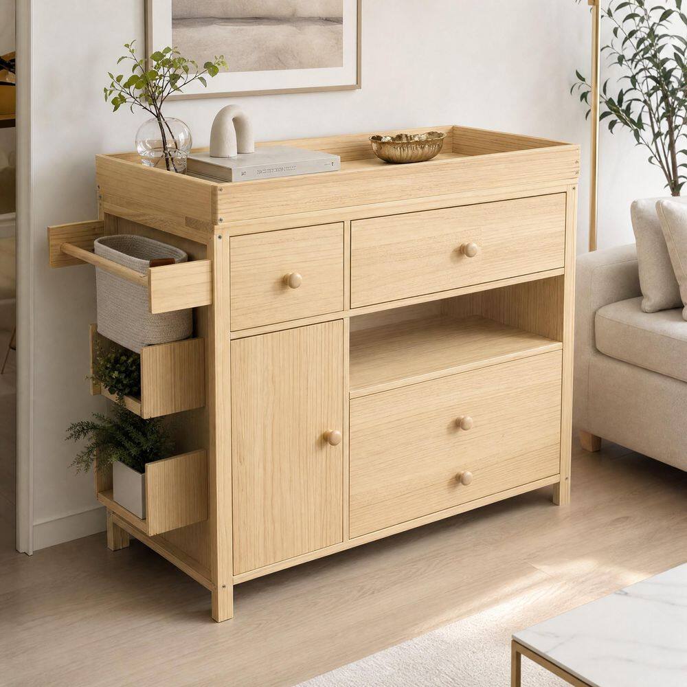 Natural Changing Table with 4 Storage Drawers, Side Shelves, Towel Bar, Cabinet, Guard Rails for Nursery Diaper Changing